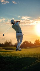 A golfer swinging a club on a green golf course at sunset