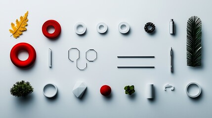 Flatlay of red, white, and black geometric shapes, plants, and office supplies on white background.