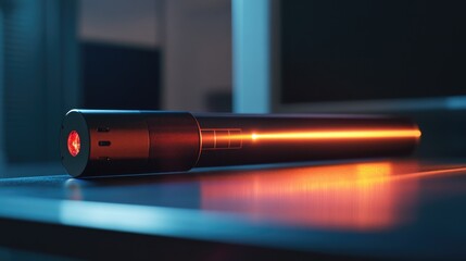 Black Laser Pointer with Red Beam on Desk in Modern Office Environment at Night