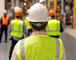 A group of workers in safety gear, including helmets and vests, observes operations in a warehouse or industrial setting.