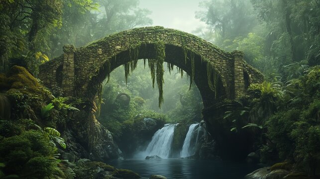 An ancient stone bridge hidden deep in a lush jungle, overgrown with moss and vines, with a waterfall flowing beneath