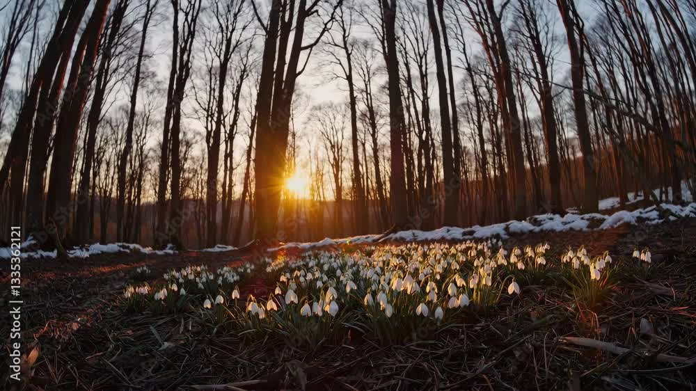 Poster snowdrops blooming in forest at sunset with snow patches. spring awakening concept