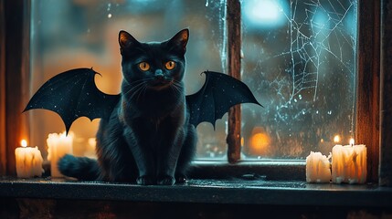 Halloween-Themed Black Cat with Bat Wings Sitting by a Window with Flickering Candles and Webs
