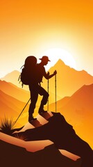 Silhouette of Hiker with Backpack at Sunset on Mountain Peak