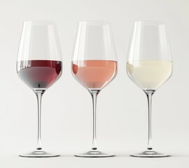 Three wine glasses, red, rose, and white, on a white background