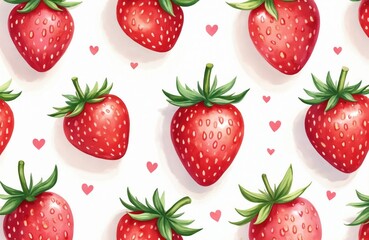 Strawberry pattern with red, pink berries, green leaves, small hearts. Seamless design ideal for cute decorations, summer backdrops, wallpaper, wrapping paper, fabric prints, product packaging, food