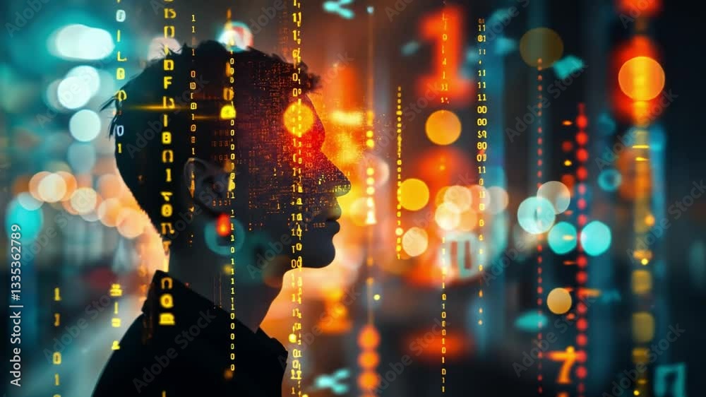Poster silhouette of person amidst bokeh lights and digital binary code exploring intersection of technolog