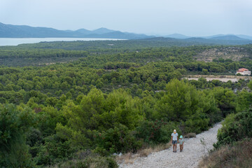 Obraz premium Two young children walking on rocky path through lush green forest with hills and house in the distance on summer day. Concept of family adventure, outdoor activities, connection with nature.