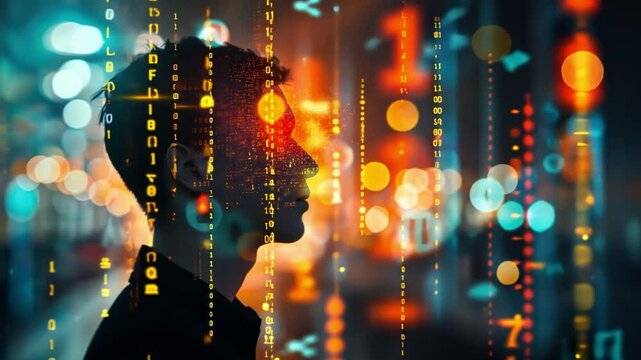Silhouette of Person Amidst Bokeh Lights and Digital Binary Code Exploring Intersection of Technology, Human Identity, and Consciousness in Futuristic Urban Setting