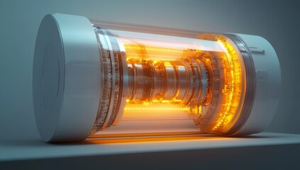 High-tech energy cylinder.  Intricate, glowing internal mechanisms visible through transparent casing