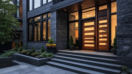 A contemporary upscale home with dark gray stone walls and rich wood accents on one side