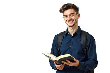 Smiling young college student reading a book. Cheerful man with backpack in studio against white backdrop. Ideal for education, back to school, or positive lifestyle themes.