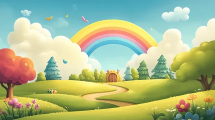 Fotobehang Enchanting rainbow over a lush green landscape fantasy illustration vibrant nature scene playful environment © thanawat