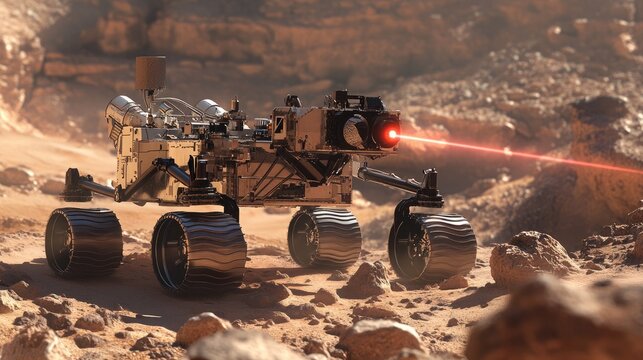 Robotic rover exploring alien terrain with laser technology in a dusty Martian landscape under a dramatic sky