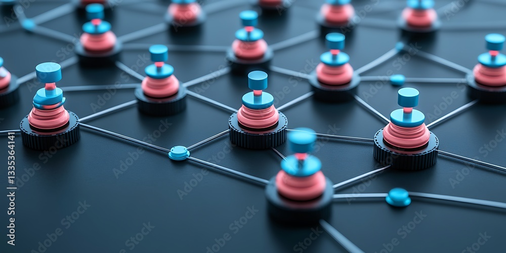 Poster abstract representation of a network with connected nodes in blue and pink