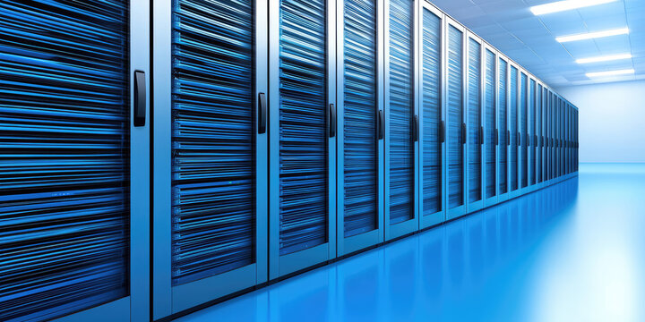 Futuristic data center with rows of illuminated server racks in a blue-lit room, representing cloud computing and technology.

