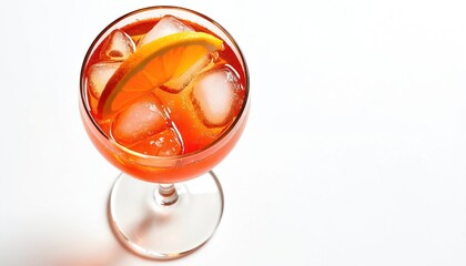 Close-up top view of Spritz cocktail in wine glass on white background. Refreshing summer aperitif drink with orange slice and ice cubes. Popular trendy italian alcohol beverage.