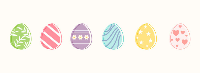 Set of colorful decorated Easter eggs with floral, geometric, leaves, patterns. Flat vector illustration style. Easter celebration holiday concept.