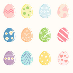Set of colorful decorated Easter eggs with floral, geometric, leaves, patterns. Flat vector illustration style. Easter celebration holiday concept.