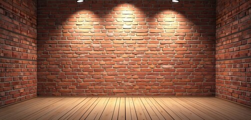 Brick wall stage with wooden floor illuminated by spotlights provides neutral product presentation background. Interior design with brickwork, wood planks. Stand up showcase, exhibition mock-up