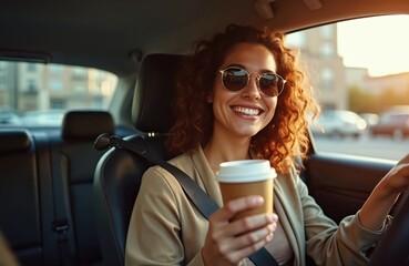 Smiling woman holds coffee to go, drives her car, enjoys sunny day. Cheerful curly female in sunglasses driving, drinking takeaway coffee, having fun at roadtrip, morning commute to work.