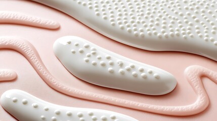 White and pink textured liquid shapes are arranged artistically on a surface