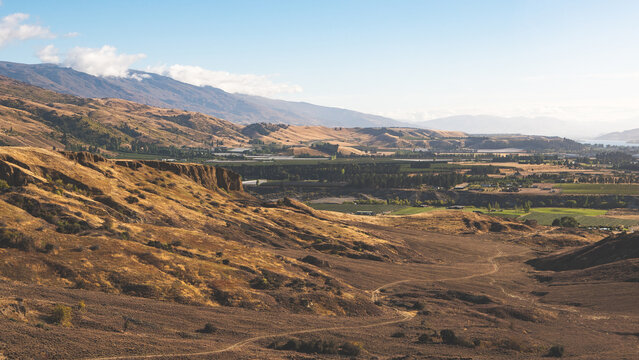 Stunning landscape scenery bannockburn sluicings new zealand clay cliffs rocks in sunrise light