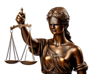 stunning copper or bronze statue of Femida, the blindfolded goddess of justice, gracefully holding balanced scales, symbolizing fairness, isolated for legal, philosophical, and courtroom-related desig