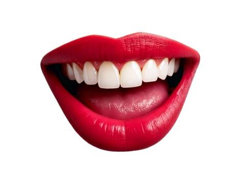 Cut-out close-up of a mouth with bright red lips, white teeth, and a visible tongue slightly smiling, isolated on a clean white background for design projects. This photo can be used in advertising, d