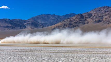 A dust cloud rising on an arid landscape near mountains