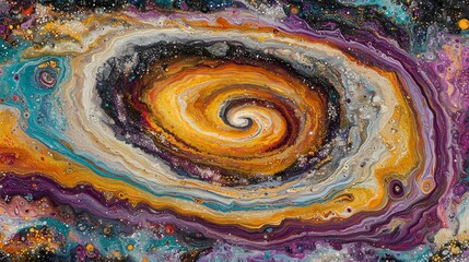 Abstract swirl of blues, purples, and golds resembling a colorful galaxy