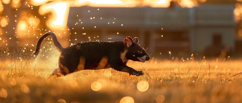Tasmanian Devil galloping through open paddock dawn kicking up dewdrop golden light of sunrise catch powerful frame blurred farmhouse background add depth storytelling evoking coexistence of wildlife