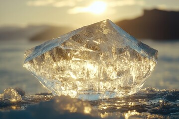 Obraz premium Large ice crystal sits on frozen ground. Sunlight reflects through clear structure. Landscape and bright light in background create peaceful scene.