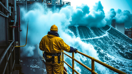 A man in a yellow hard hat standing on a railing looking out over a large wave