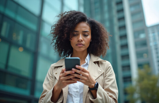 Stressed businesswoman reads bad news notification on smartphone walking near office building. Anxious woman types message, frustrated about work problem in cyberspace. Receive spam, lost connection,