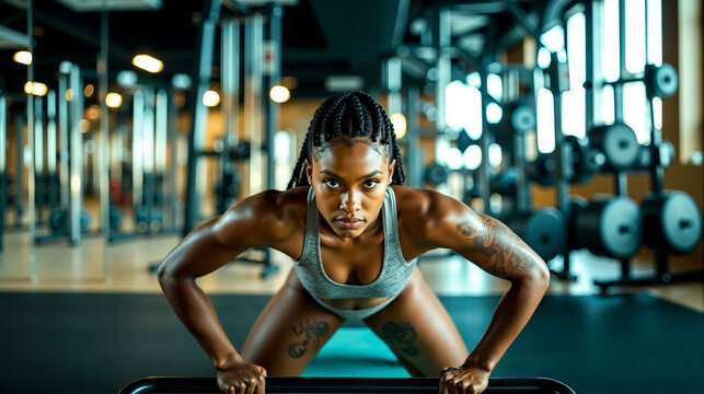 A woman doing push ups in a gym