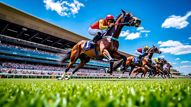 A group of jockeys riding horses on a race track in front of a large crowd
