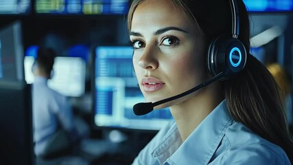 Professional female call center operator engaged in customer service duties during late evening hours - Powered by Adobe
