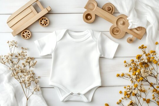 Above flat lay view white blank baby bodysuit POD mockup wooden toy train locomotive boho rail theme natural beige modern lux print demand mockup babies toddler clothing background