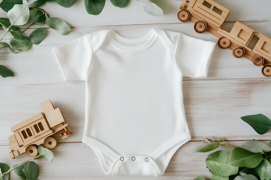 Above flat lay view white blank baby bodysuit POD mockup wooden toy train locomotive boho rail theme natural beige modern lux print demand mockup babies toddler clothing background