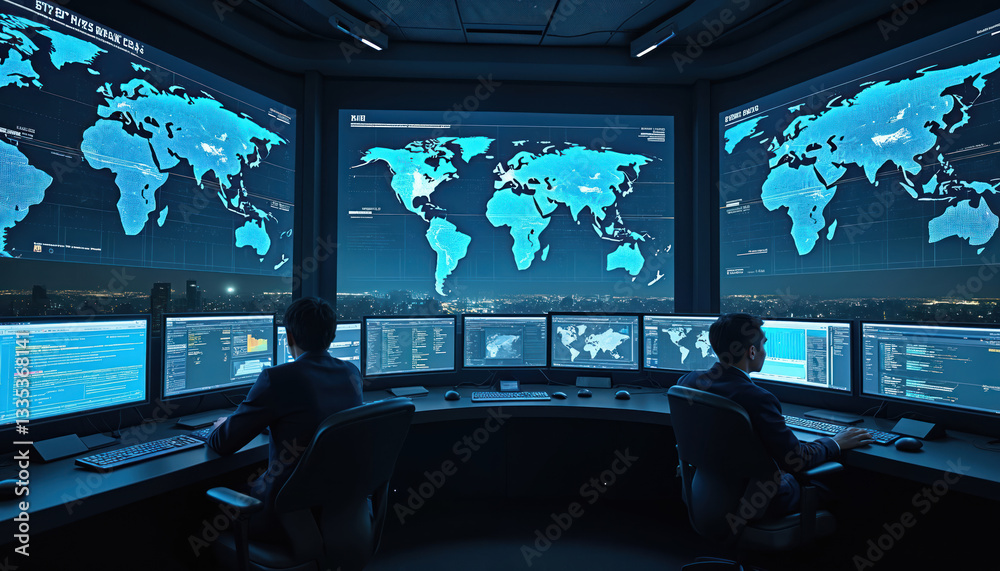 Poster blue dark tone control room features screens displaying digital world maps, data. global monitoring 