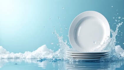 3D promo design of clean plates stack in water splash with soap bubbles. Ad template for dishwasher machine, dishwashing detergent brand. Shiny porcelain tableware and washing utensil illustration.
