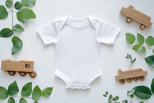 Above flat lay view white blank baby bodysuit POD mockup wooden toy train locomotive boho rail theme natural beige modern lux print demand mockup babies toddler clothing background