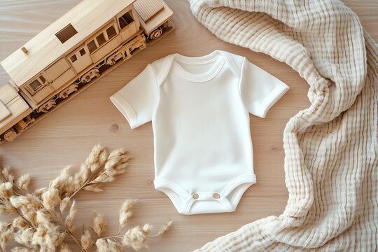Above flat lay view white blank baby bodysuit POD mockup wooden toy train locomotive boho rail theme natural beige modern lux print demand mockup babies toddler clothing background