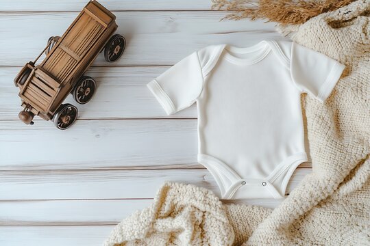 Above flat lay view white blank baby bodysuit POD mockup wooden toy train locomotive boho rail theme natural beige modern lux print demand mockup babies toddler clothing background