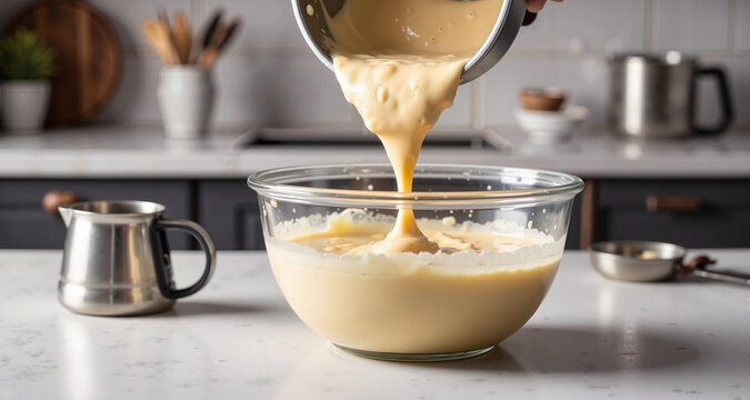 Pouring cake batter into mixing bowl in kitchen for baking blogs, recipe websites, and cooking tutorial content