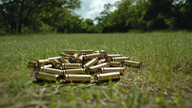 Spent shells scattered on grassy field under partly cloudy sky during daylight