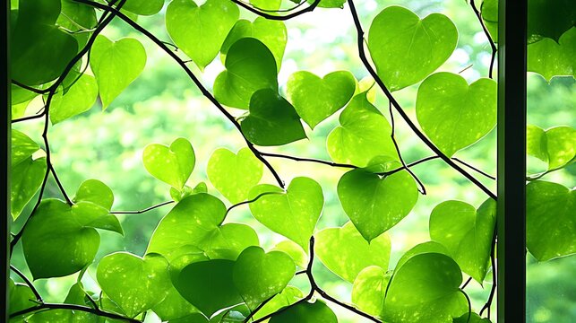 Heart-shaped leaves climb a window, nature background