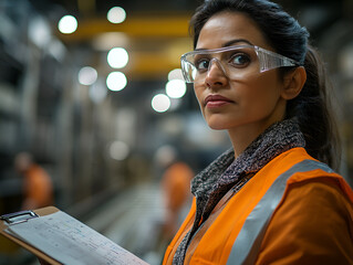 Female Indian industrial engineering supervisor wearing safety glasses, holding clipboard, analyzing  production line in factory. Workplace productivity assessment