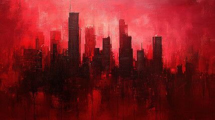 Fototapeta premium Urban nightscape action city skyline digital art vibrant red panoramic viewpoint abstract concept